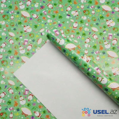 Green wrapping paper Santa Claus and Snowman